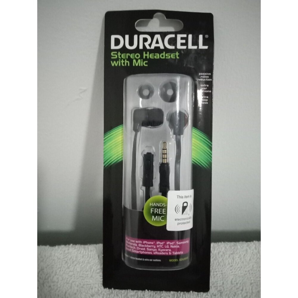 New Duracell Stereo Headset With Mic Earbuds Noise Reduction Extra Bass